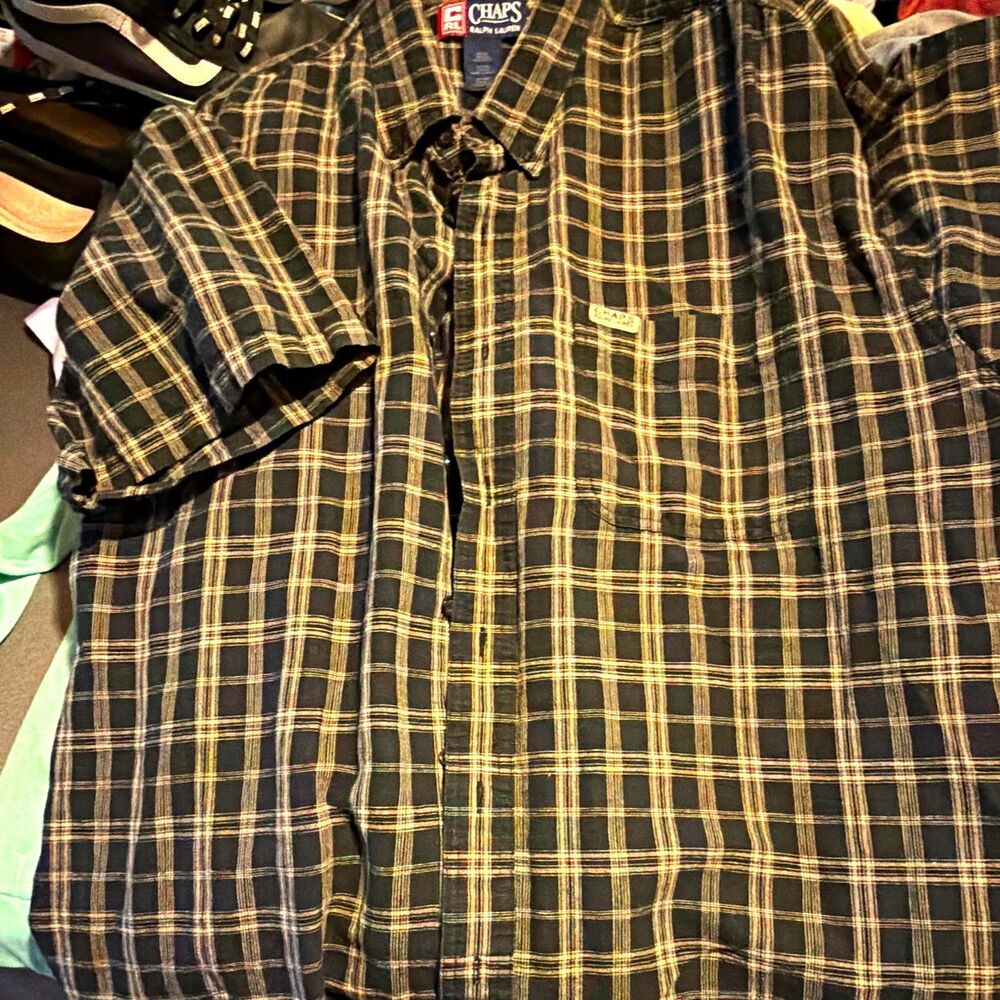 Chaps Ralph Lauren Men's XL Black Beige Plaid Short Sleeve Woven Cotton Shirt